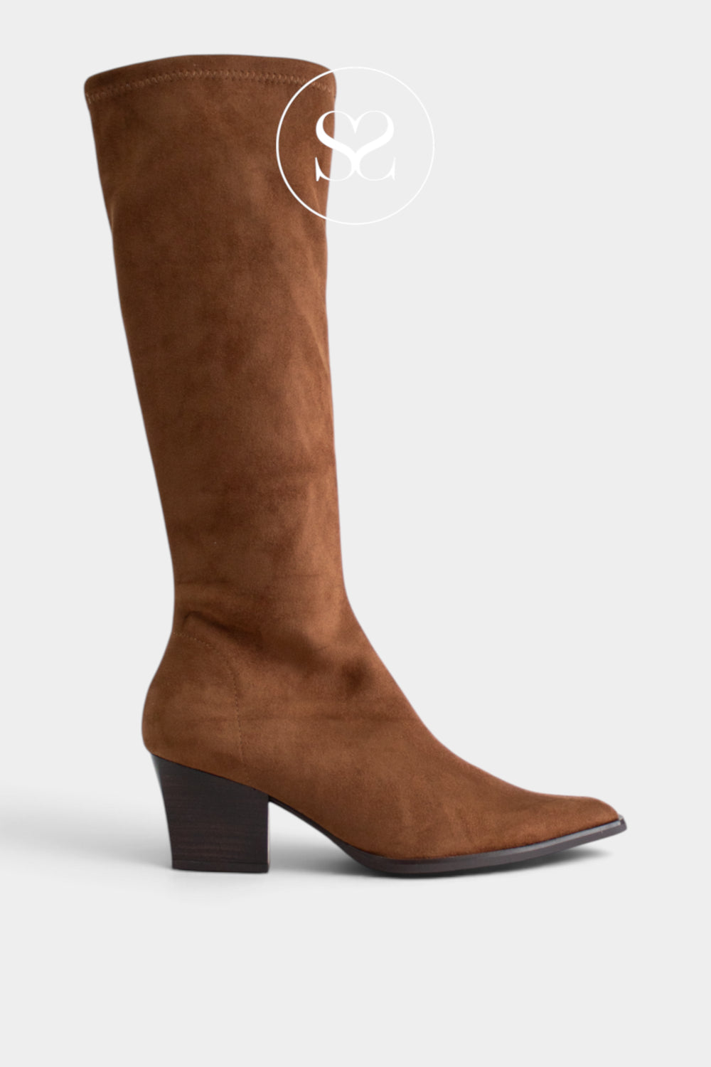 A brown suede knee-high sock boot with a pointed toe and a low block heel, shown from a side profile on a light gray background.