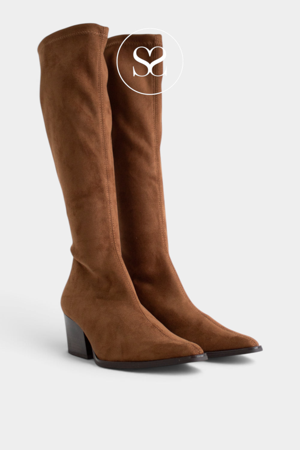 Miss Elastic Tan Faux Suede Knee High Boots — 78150