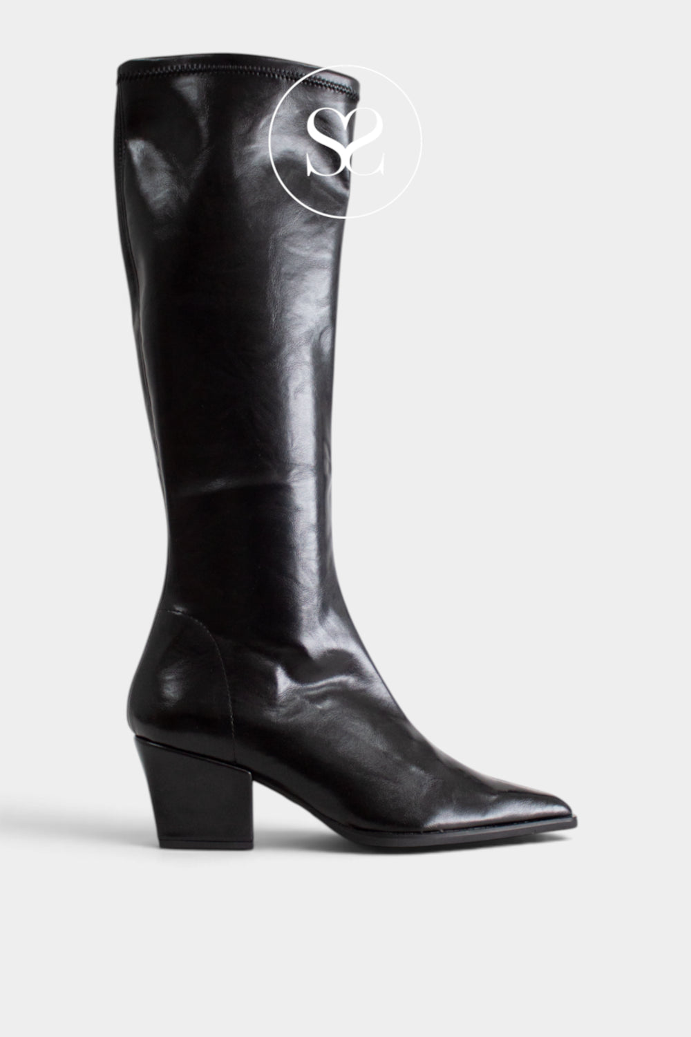 A black leather knee-high boot with a pointed toe and a low block heel, shown from a side profile on a light gray background. A circular logo overlay is visible near the top.