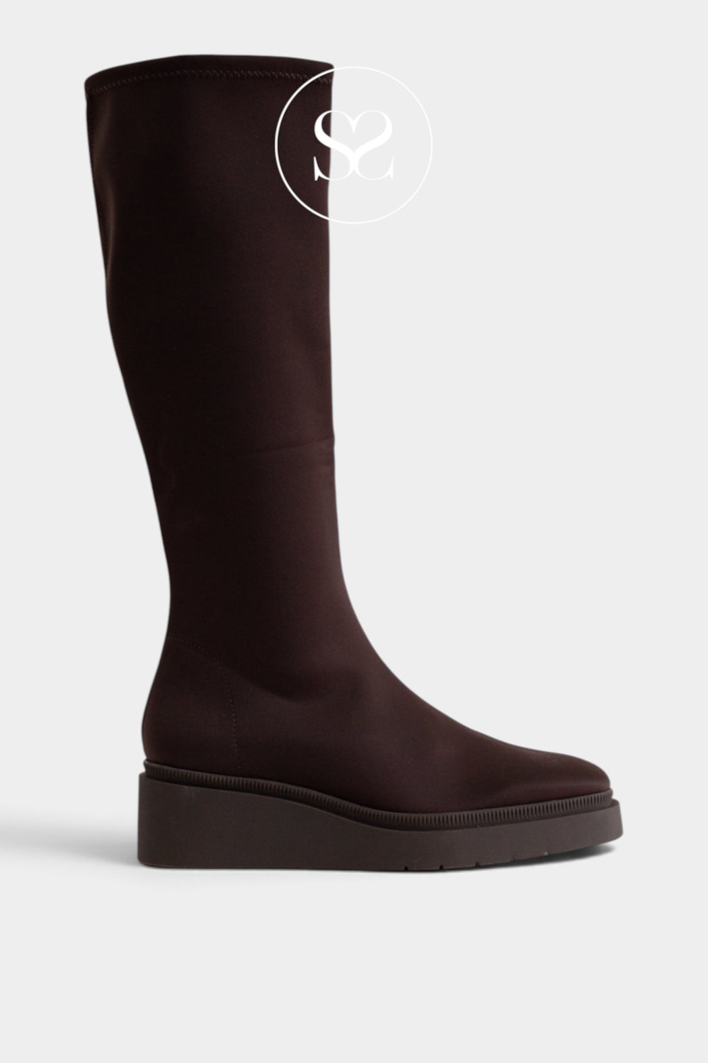 A dark brown knee-high sock boot with a chunky platform sole, shown from a side profile on a light grey background.