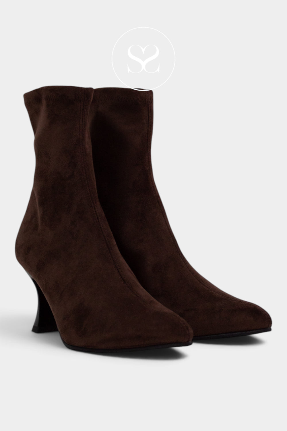 MISS ELASTIC Darck chocolate Brown Suede Heeled Sock Boots with pointed toe — 78042