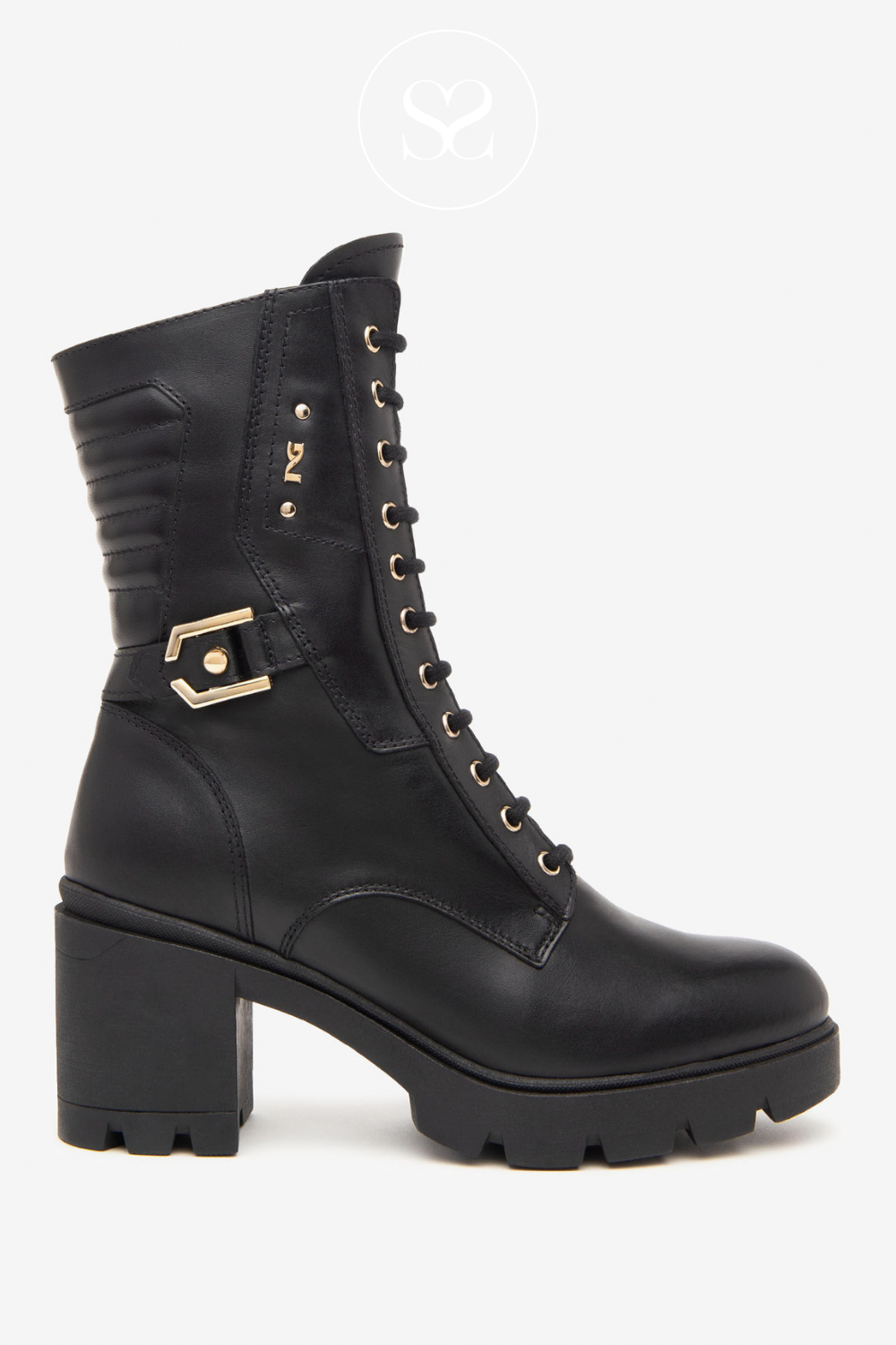 heeled combat boots for women from Nero Giardini. black leather with gold trim