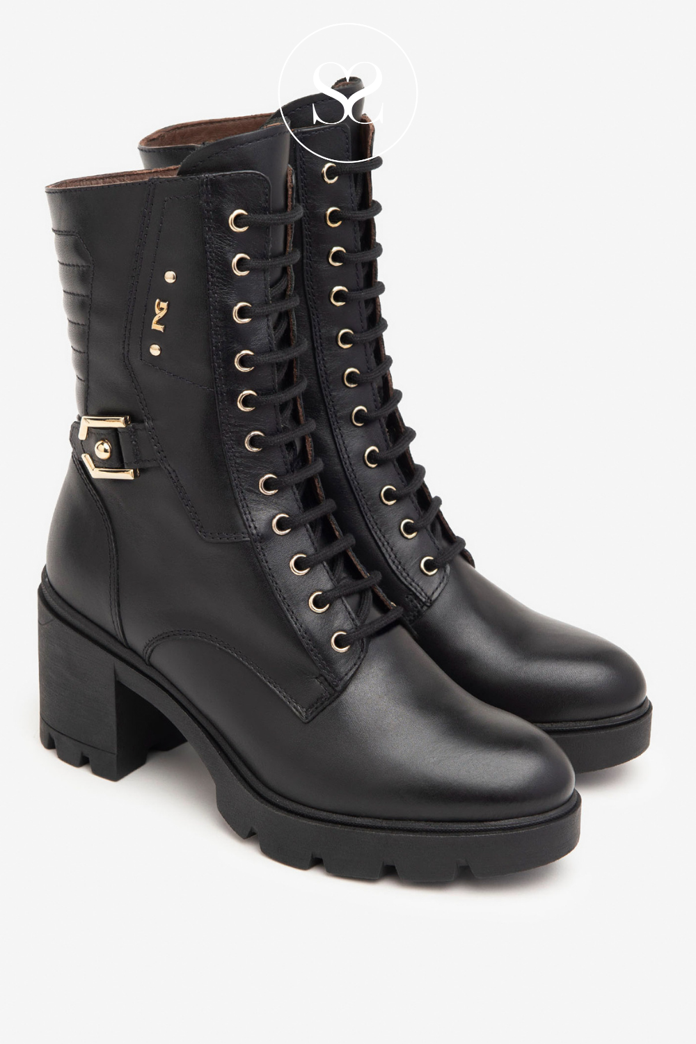 black combat military boots for women with gold trim and high block heel