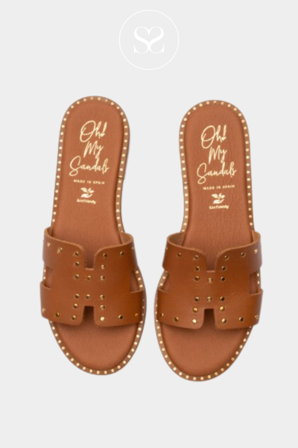 OHMYSANDALS 5576 TAN LEATHER SLIDER SANDALS WITH GOLDEN STUD DETAILS