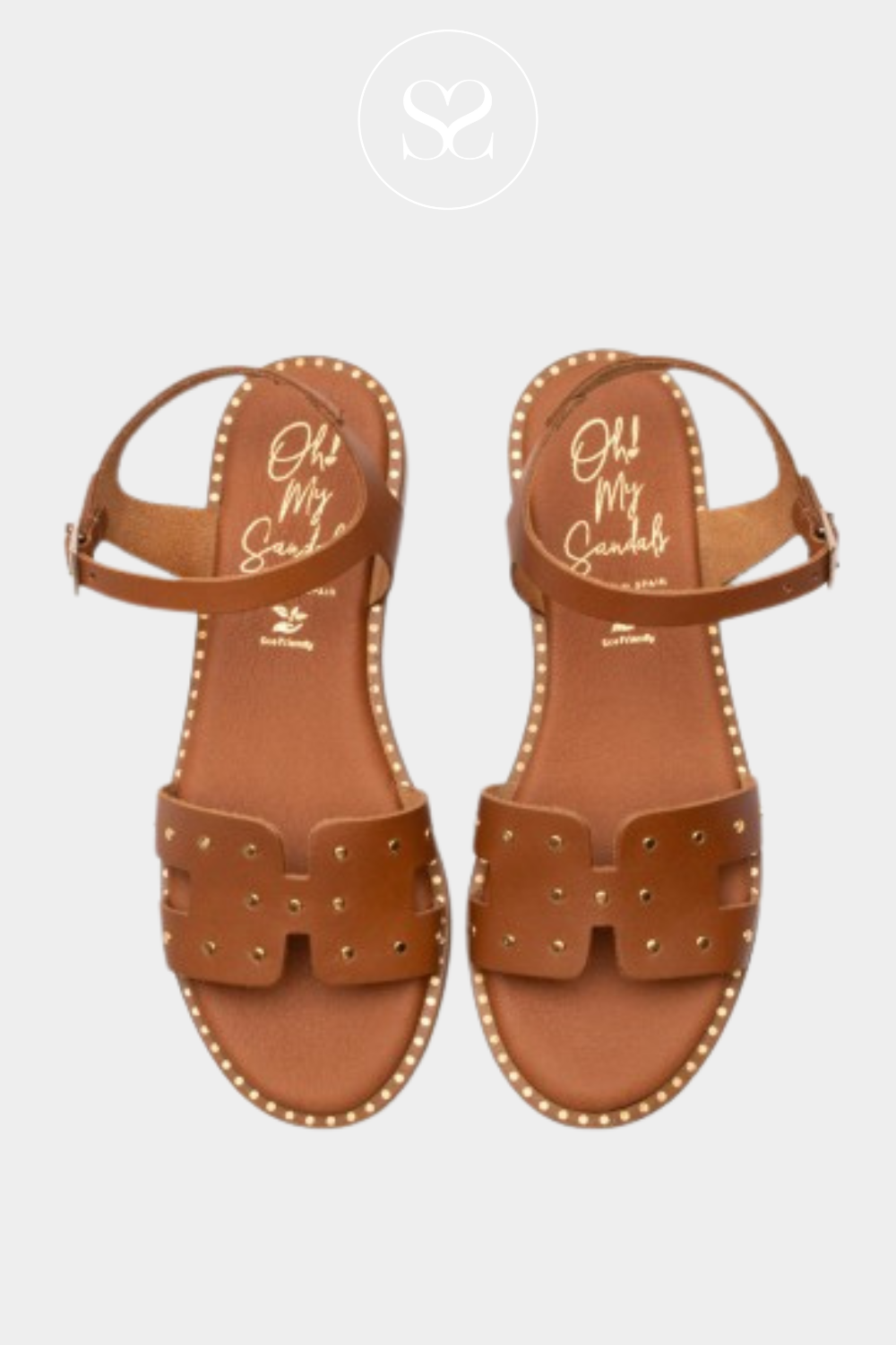 OHMYSANDALS 5577 TAN LEATHER SANDALS WITH GOLD STUD DETAILS