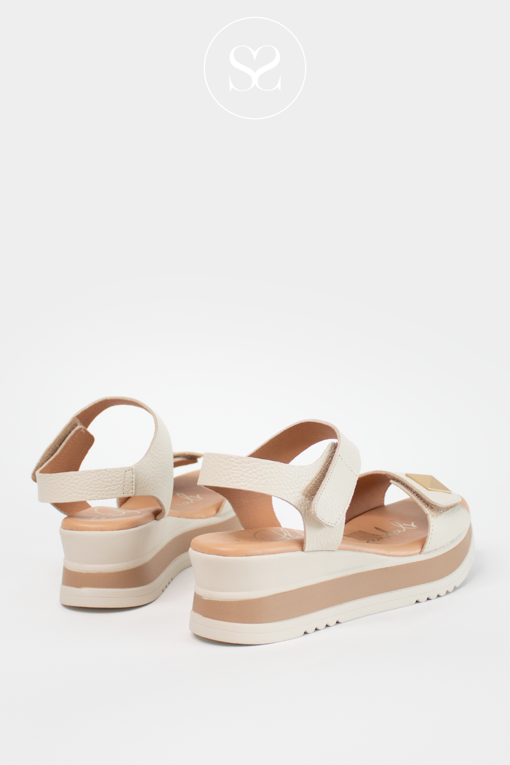 OH MY SANDALS 5763 CREAM LEATHER WEDGE SANDALS WITH SUPPORTIVE ADJUSTABLE ANKLE STRAP