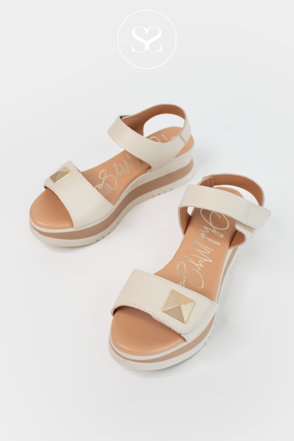 OH MY SANDALS 5763 CREAM LEATHER WEDGE SANDALS WITH FRONT VELCRO STRAP WITH GOLD STUD DETAIL