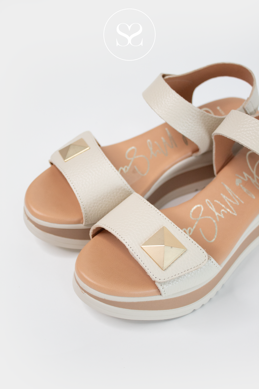 OH MY SANDALS 5763 CREAM LEATHER PLATFORM SANDALS WITH GOLD STUD DETAIL ON STRAP