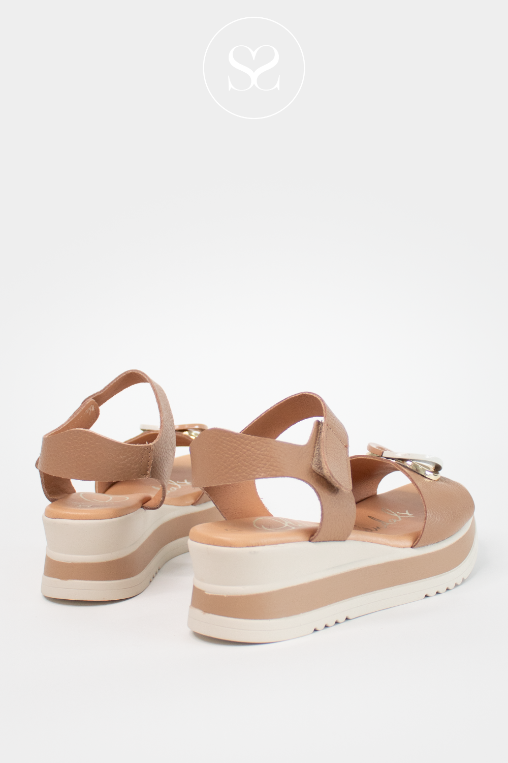 OH MY SANDALS 5764 TAUPE LEATHER WEDGE PLATFORM SANDALS WITH VELCO ANKLE STRAP FOR EXTRA SUPPORT