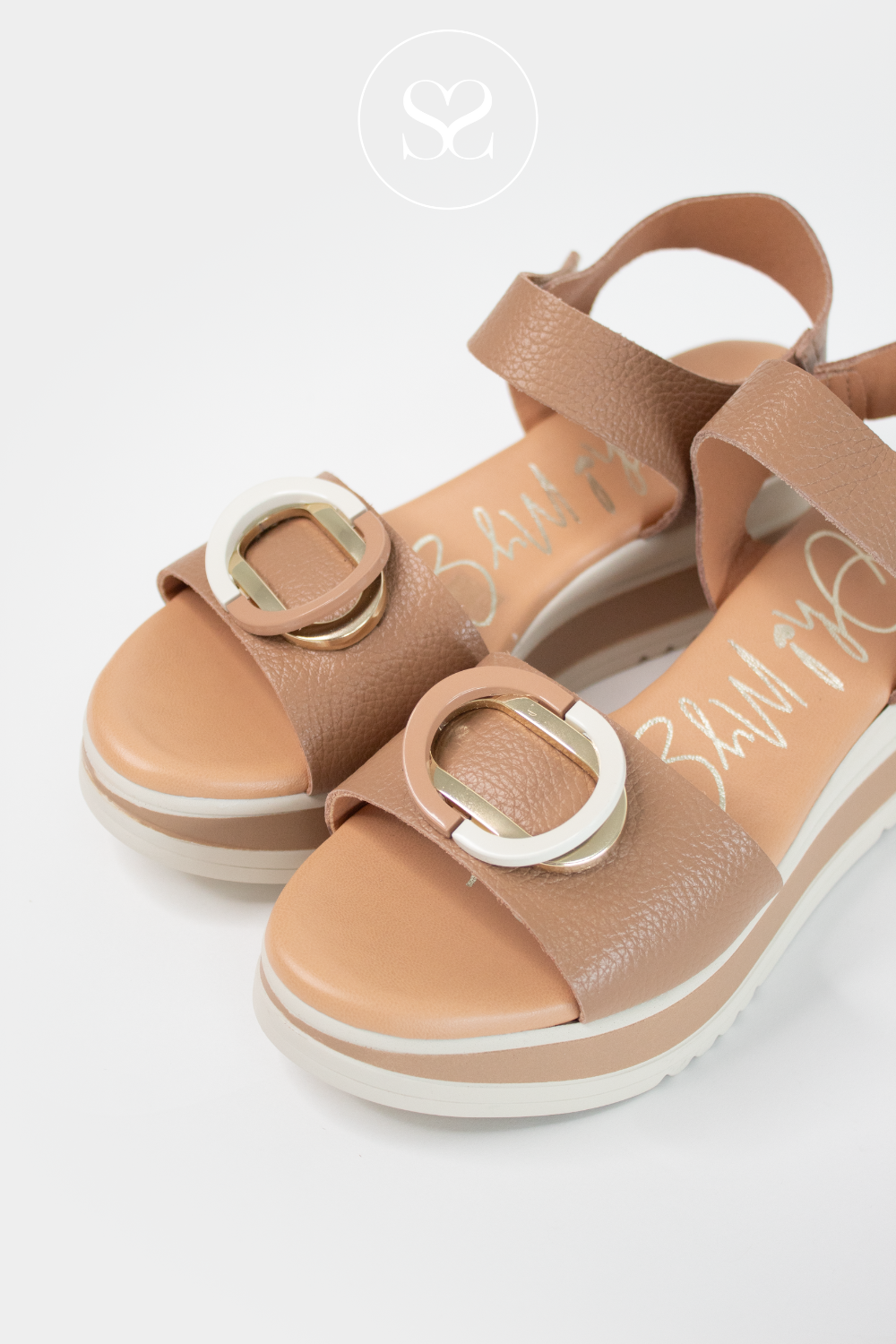 OH MY SANDALS 5764 TAUPE LEATHER MEDIUM WEDGE SANDALS WITH CREAM COLOUR SOLE