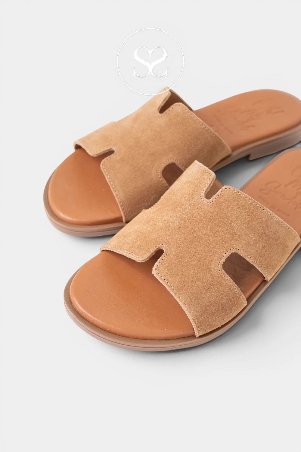 Flat tan suede sliders from Oh My Sandals