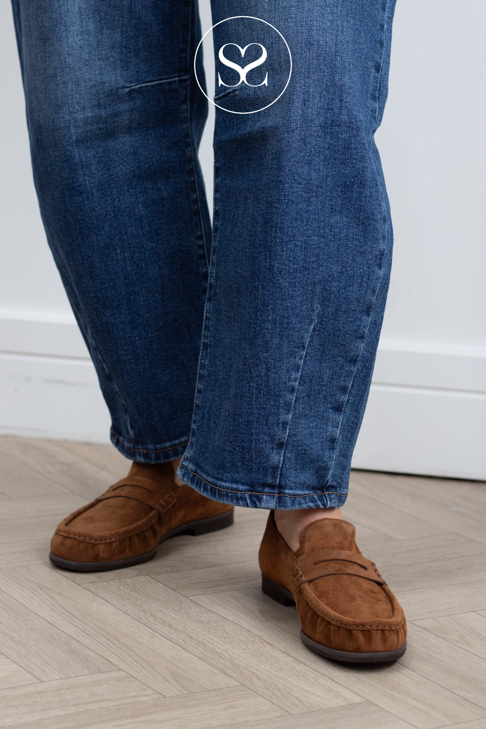 Woman wearing Paul Green Camel Suede Penny Loafers - 1228 in Ireland