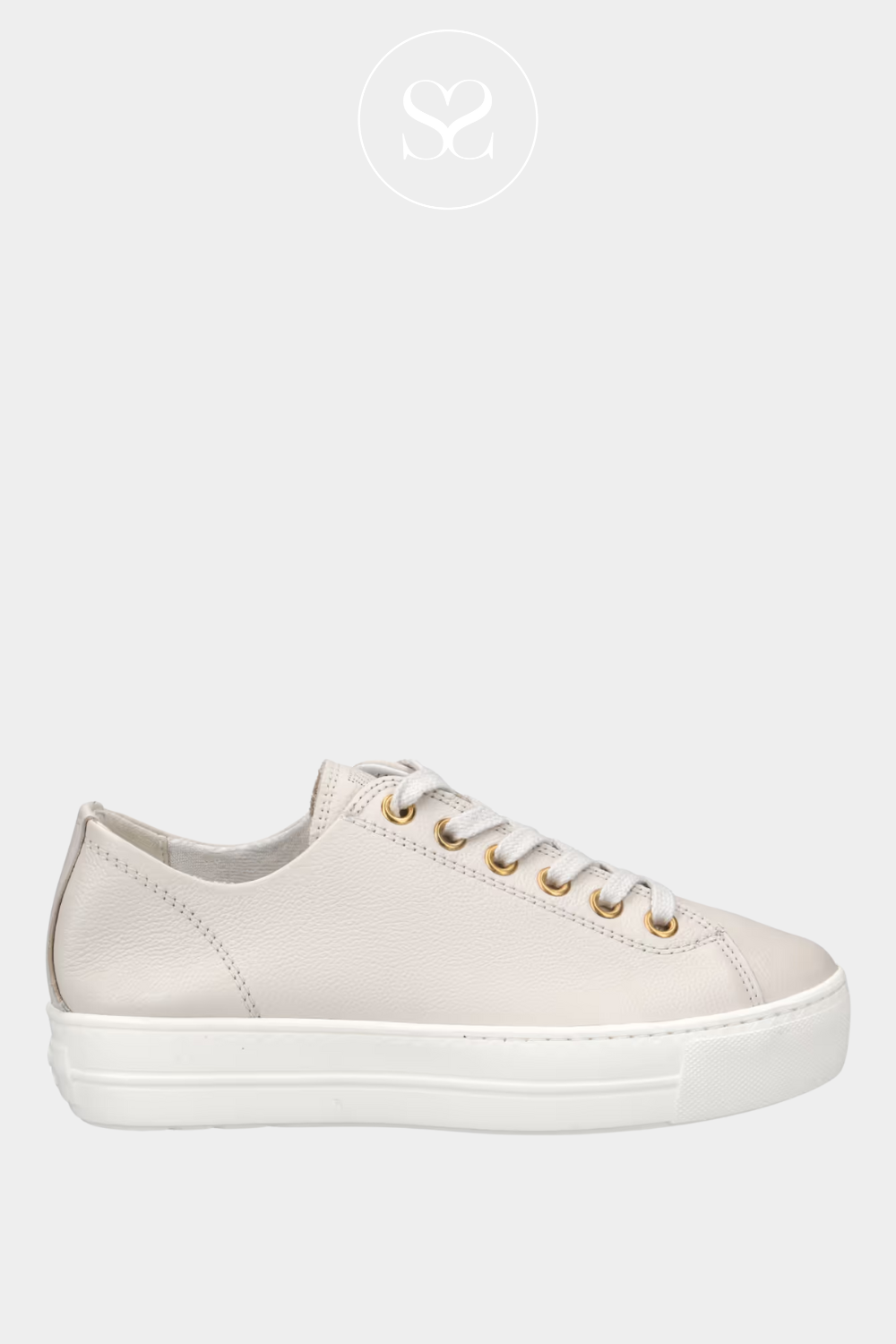 PAUL GREEN 4790 CREAM FLATFORM LACED TRAINERS WITH GOLD EYELETS