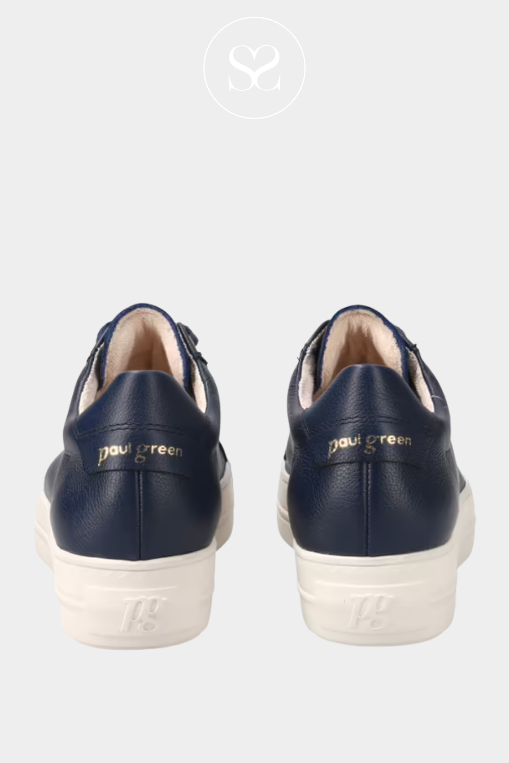 PAUL GREEN 5241 NAVY LEATHER RUNNERS WITH GOLD DETAILING AND WHITE FLATFORM SOLE