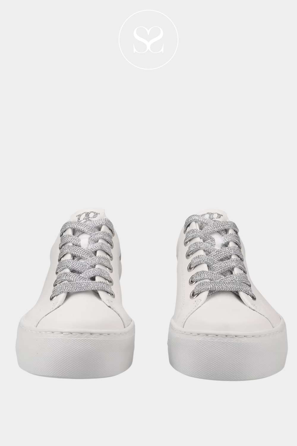 PAUL GREEN 5320 WHITE FLATFORM LACE TRAINERS WITH SILVER LACES