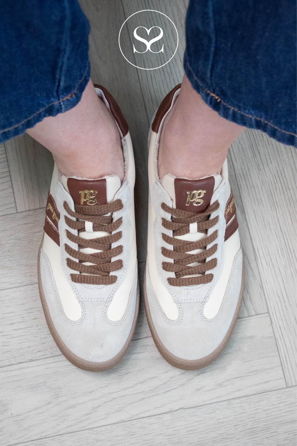 Paul Green 5437 cream and tan neutral slimline trainers with suede toe cap