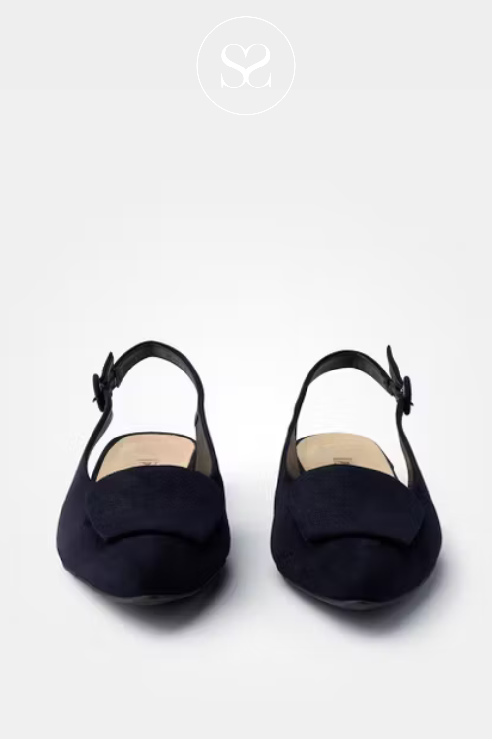 Navy blue suede work shoe. Pointed toe low block heel slingback shoes. Adjustable ankle strap