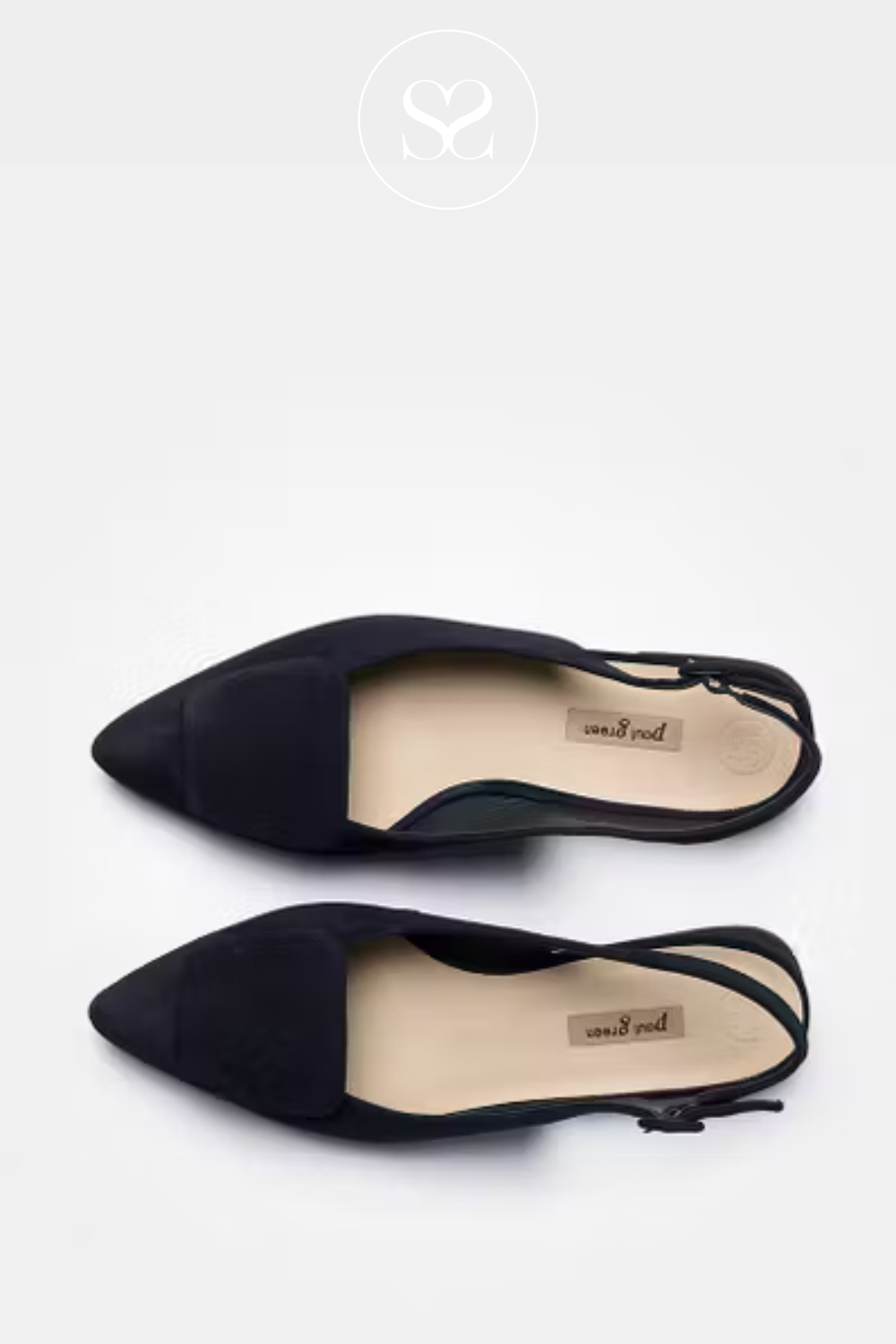 Paul Green 6090 navy suede pointed toe low heel slingback pumps with adjustable ankle strap, cushioned insole and non slip sole