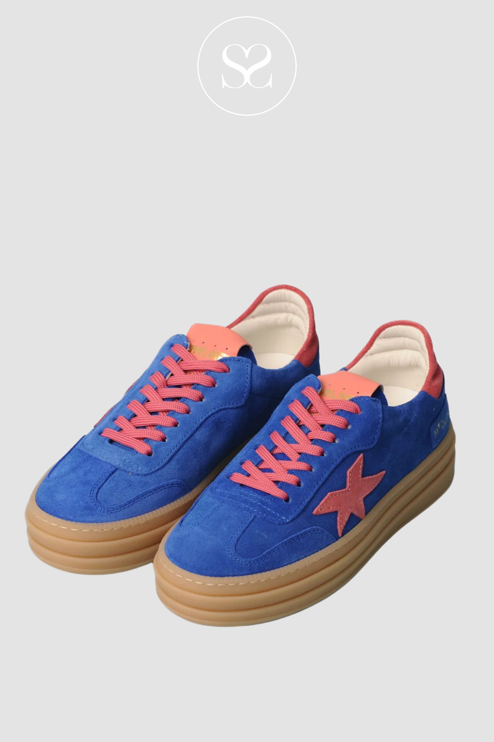 MELINE R-525 BLUE SUEDE PLATFORM TRAINERS WITH PINK LACES. REMOVABLE INSOLE.