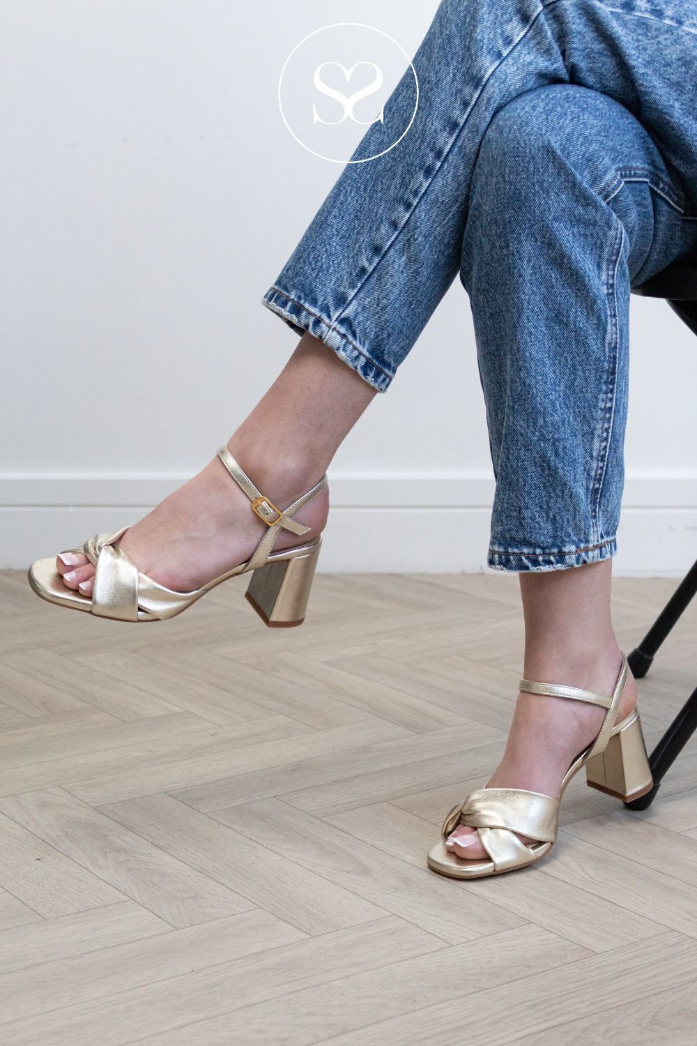 Unisa Gold Leather Block Heel Sandals - Medway