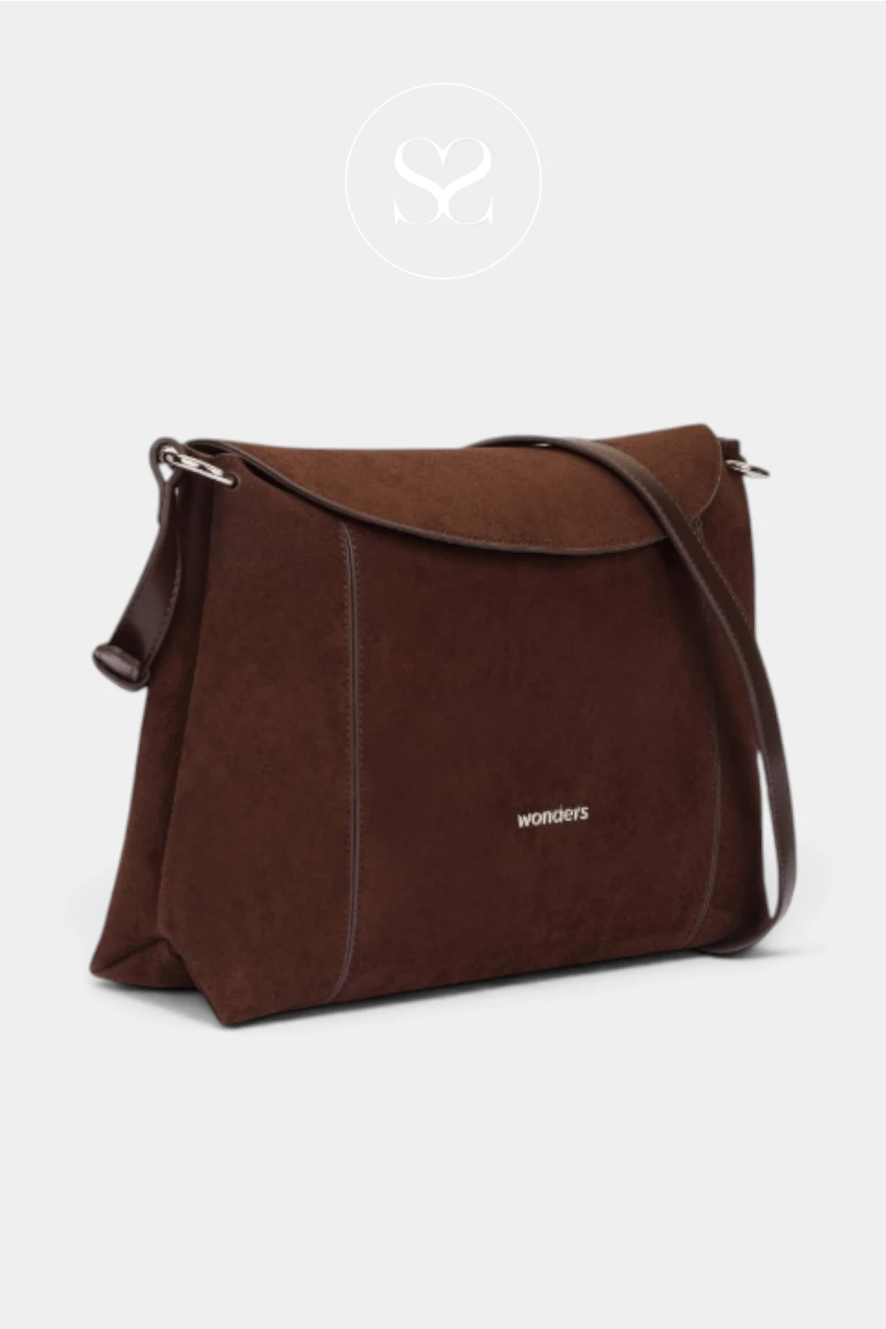 A dark brown suede shoulder bag with a small silver 'wonderis' logo on the front, displayed on a clean light gray background with a brand watermark above.