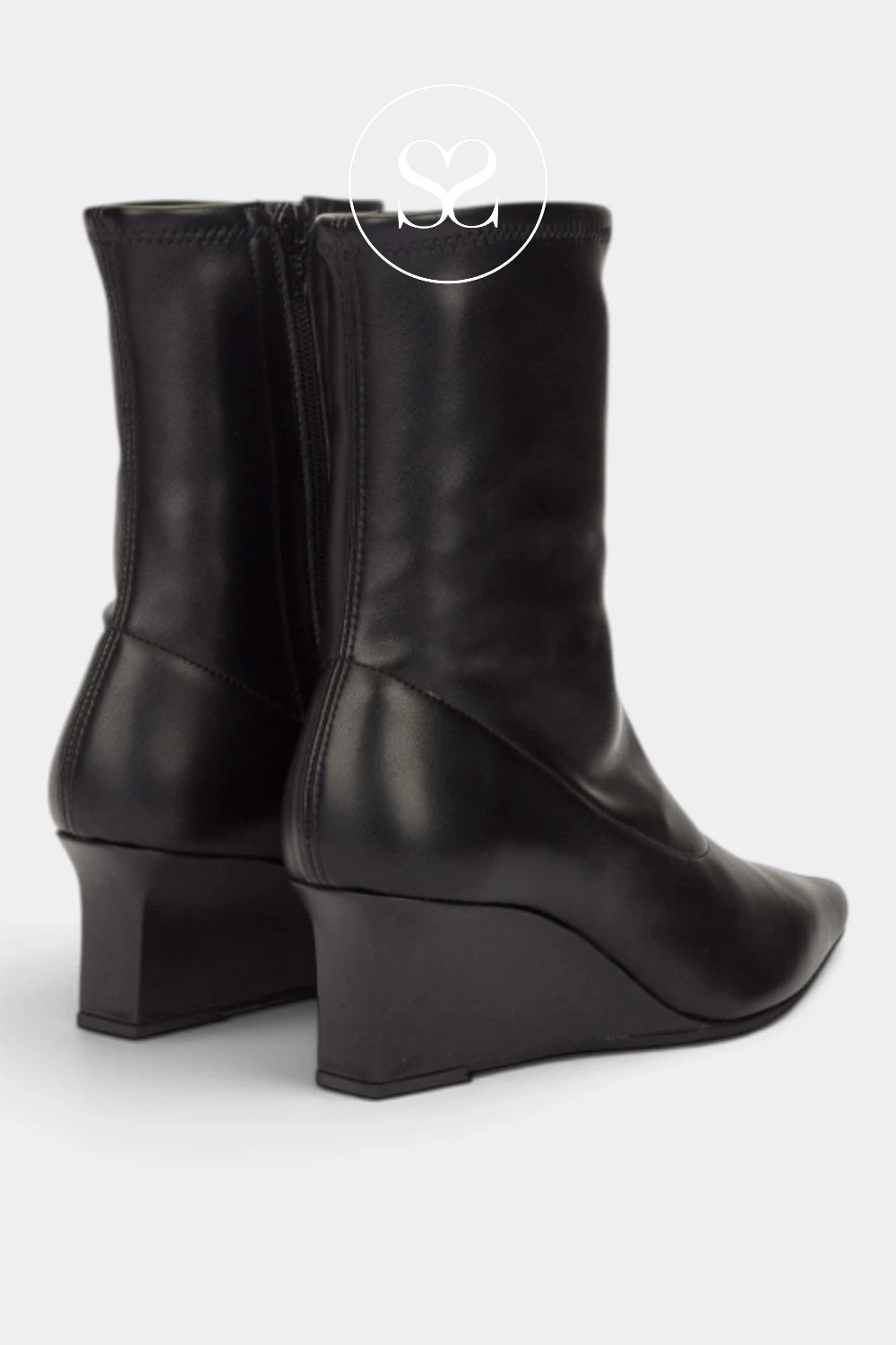 Wonders black pointed wedge sock boots H-7303, pair from the back showing the inner zip