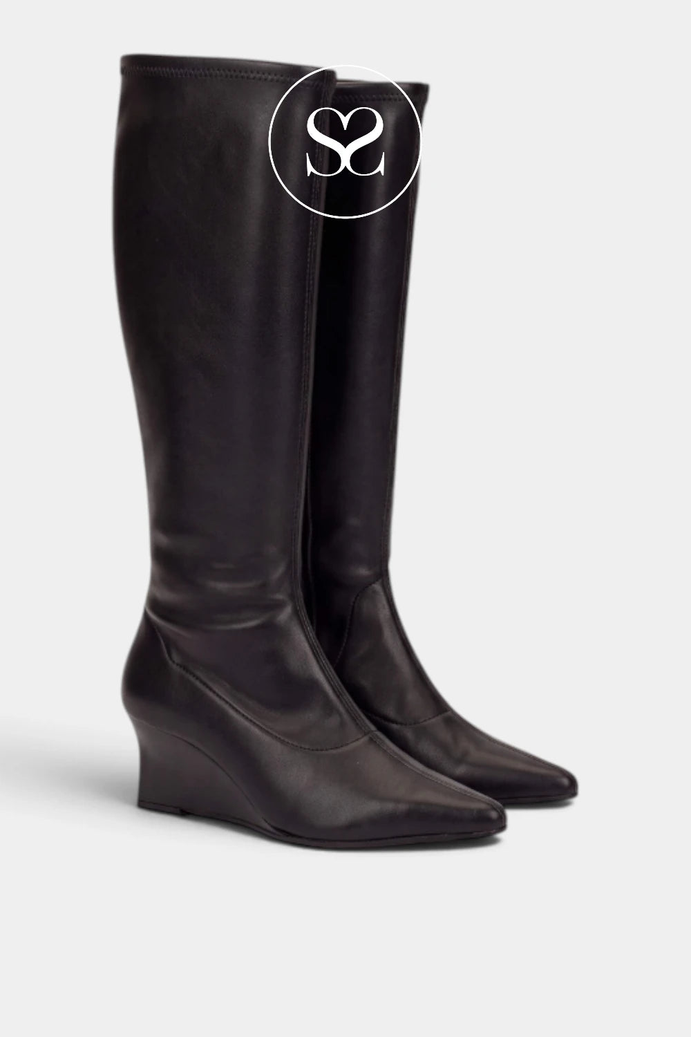 Pair of Wonders black knee high boots H-7304, front three-quarter view showing the pointed toe and the side profile of the wedge boots
