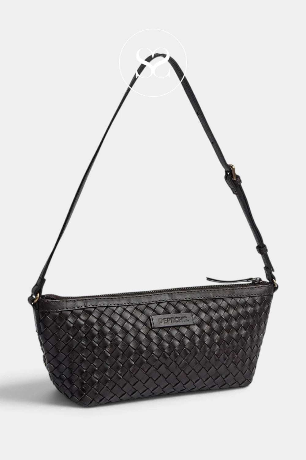 A black woven leather shoulder bag with a long adjustable strap, shown against a light gray background. A small metallic brand plaque is visible on the front.