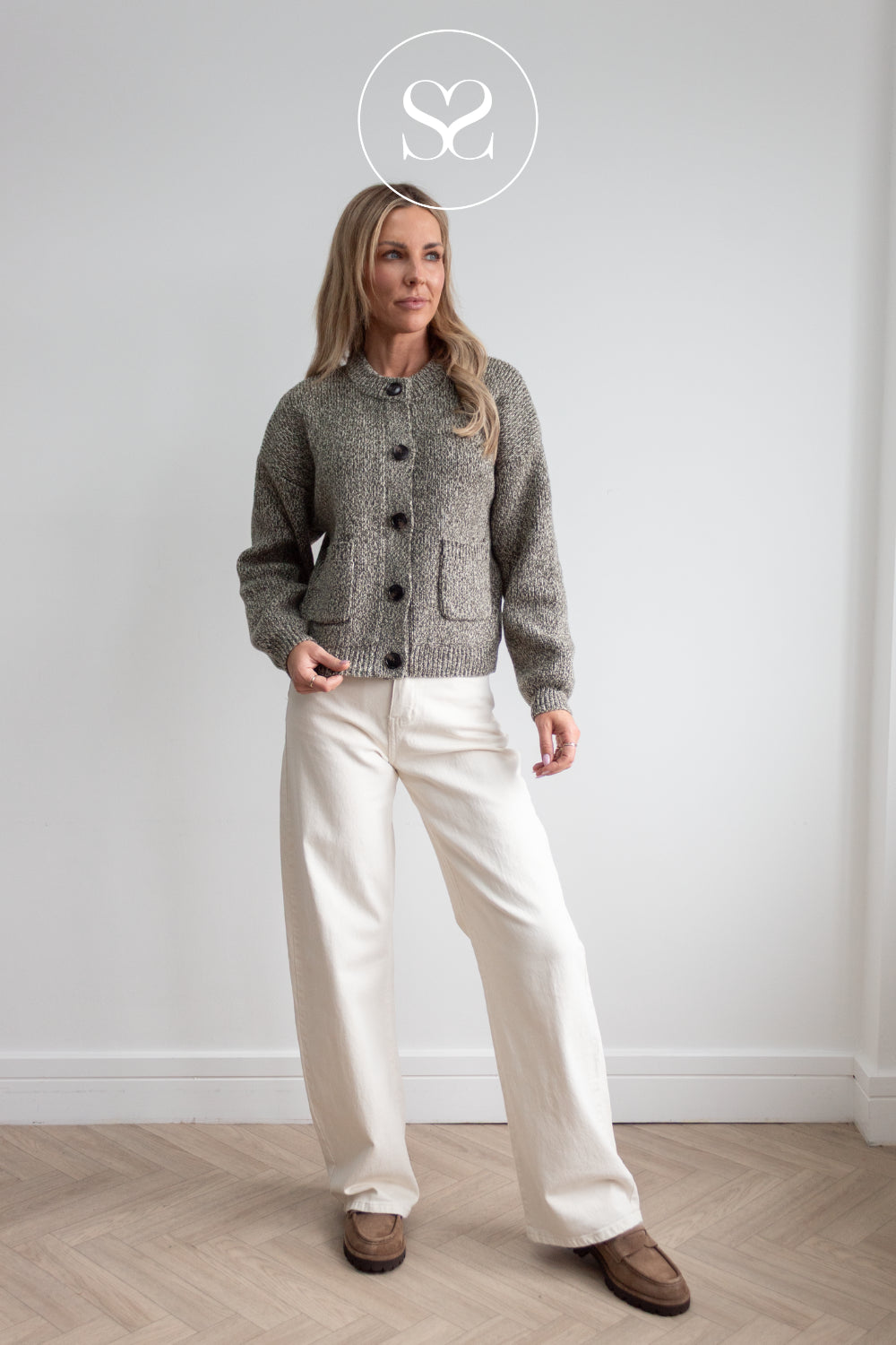 Model Wearing Olive & Cream Knitted Cardigan - Trinity Lissi