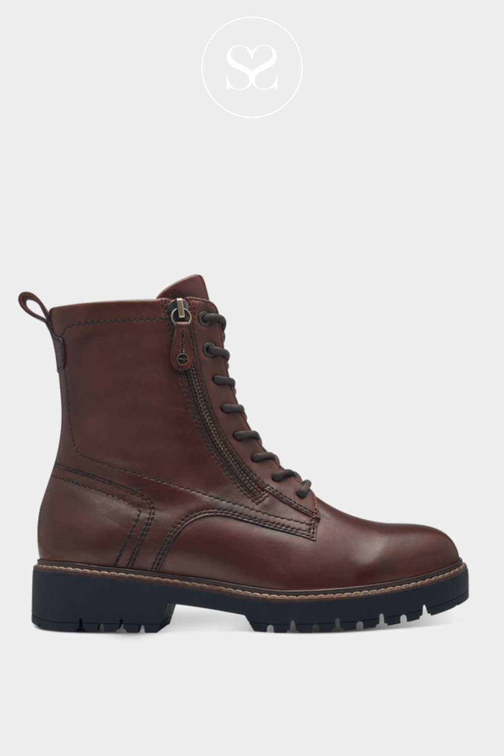 TAMARIS DARK BROWN LEATHER ANKLE BIKER BOOTS 1-25207-43 FOR WOMEN WITH LACES AND NSIDE ZIP FOR CLOSURE AND A SIDE ZIP DETAIL