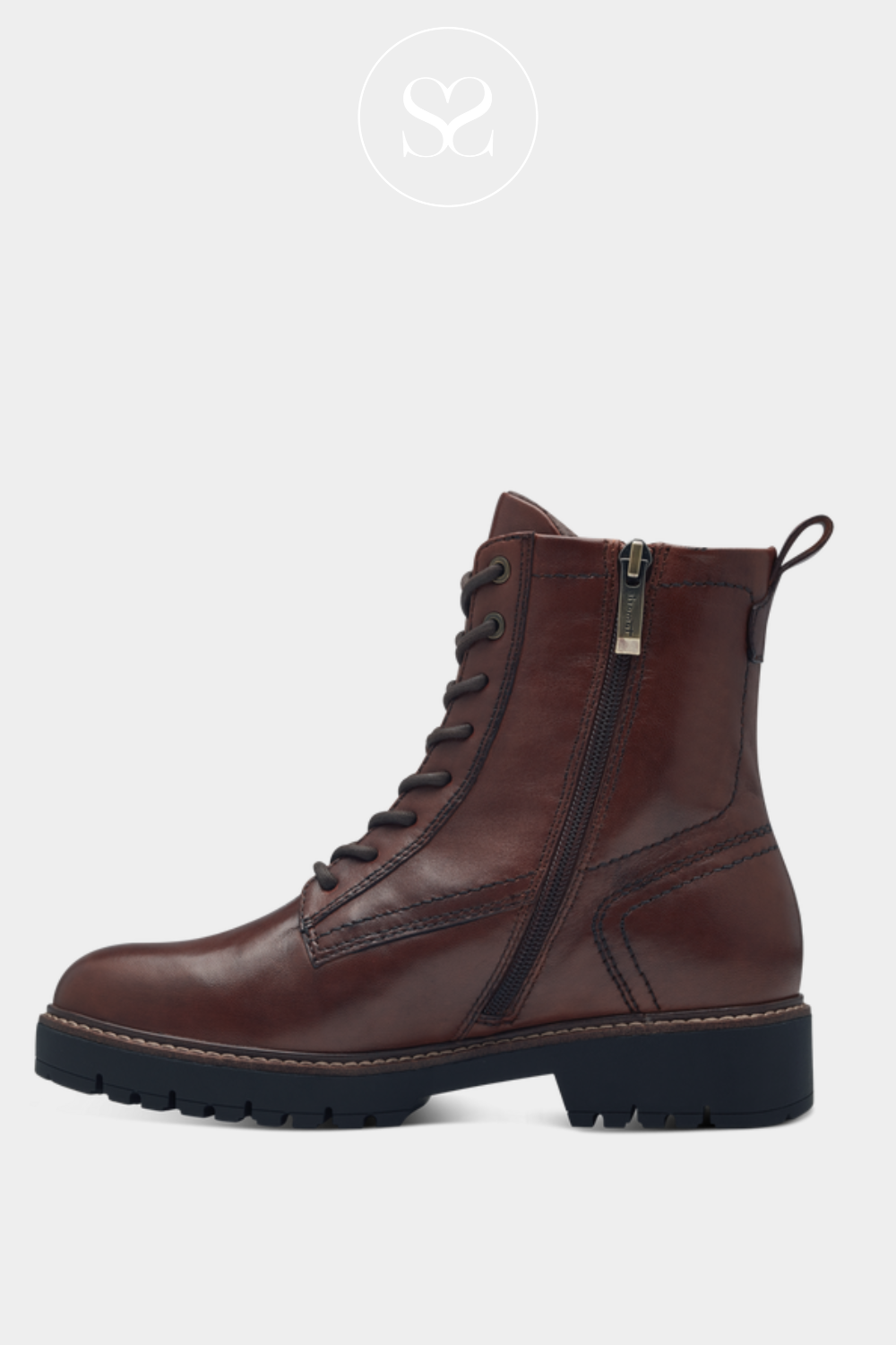 TAMARIS DARK BROWN LEATHER ANKLE BIKER BOOTS 1-25207-43 WITH SOFT ROUNDED TOE