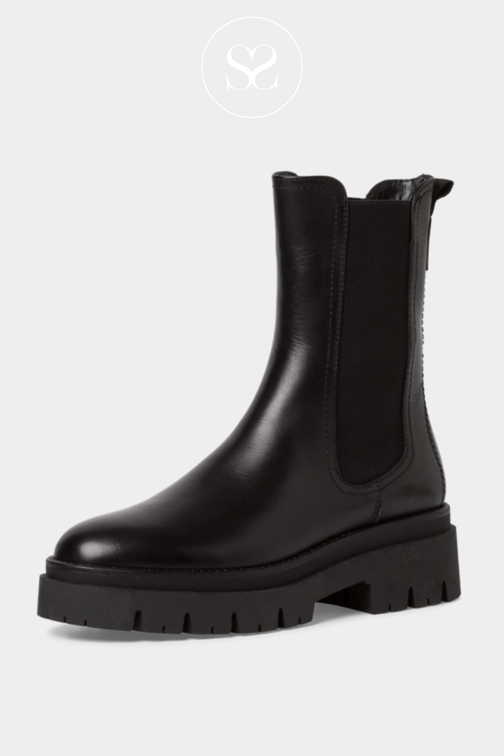Black round toe boots with chunky sole and elasticated chelsea side.