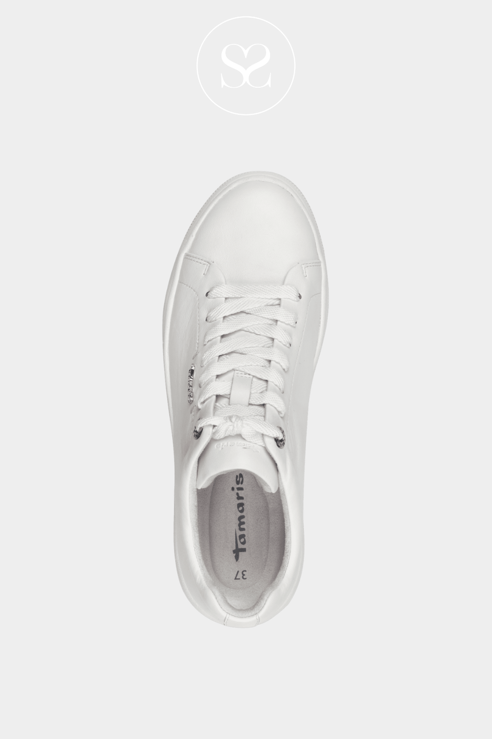 TAMARIS 1-23736-42 WHITE FLATFORM TRAINERS WITH LACES AND SILVER TAMARIS LOGO IN SMALL ON THE SIDE.