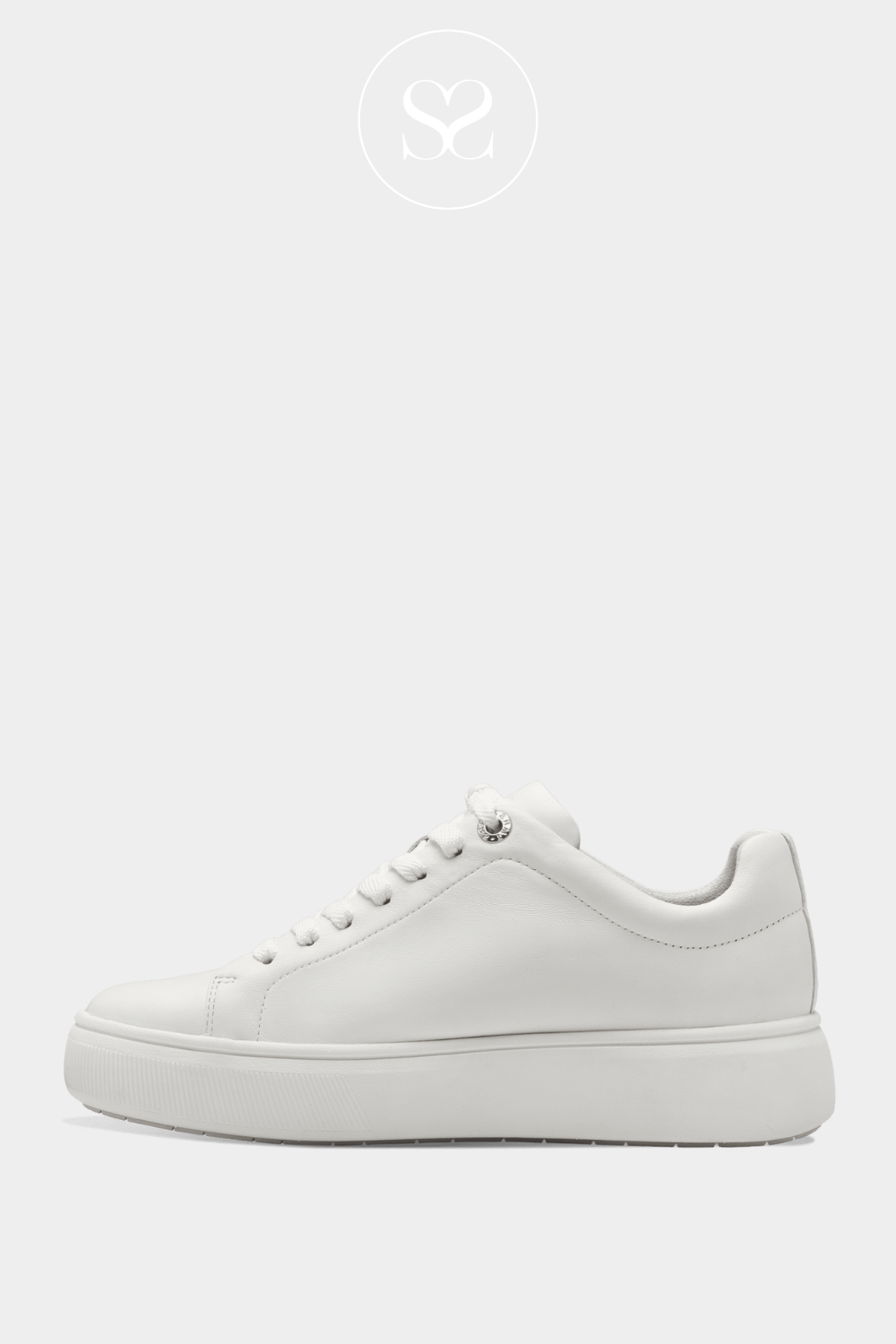 TAMARIS 1-23736-42 WHITE FLATFORM TRAINERS WITH LACES AND SILVER TAMARIS LOGO IN SMALL ON THE SIDE.