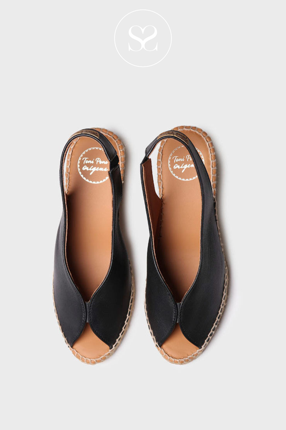 TONI PONS LAILA BLACK LEATHER ESPADRILLE SOLE HIGH WEDGE SANDALS WITH PEEP TOE AND ELASTICATED SLINGBACK STRAP