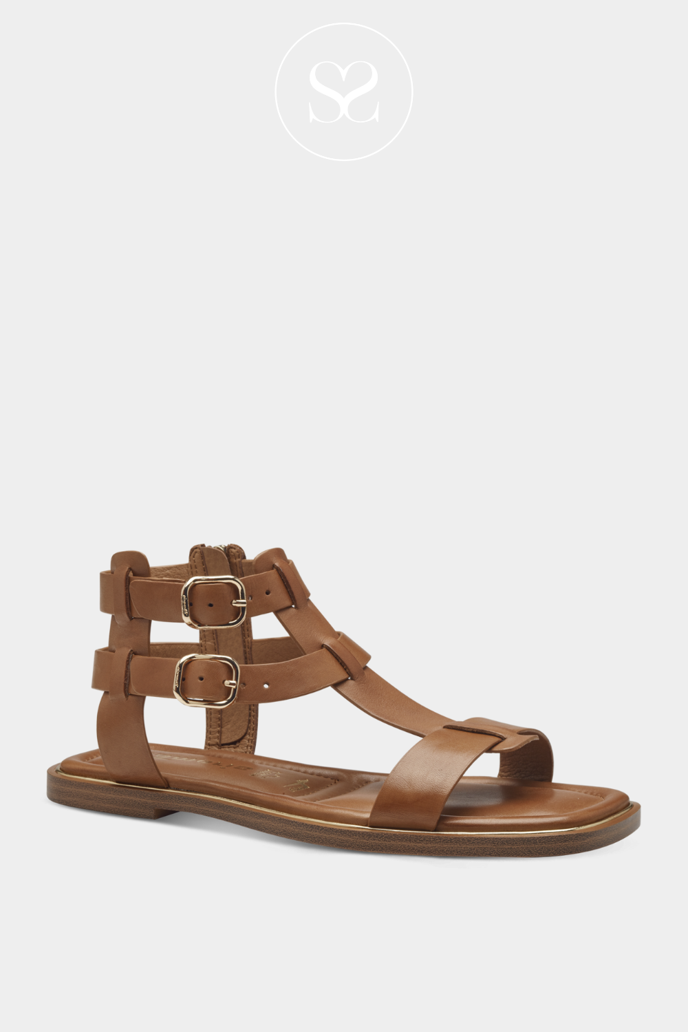 TAMARIS 1-28118-42 TAN LEATHER GLADIATOR FLAT SANDALS WITH DOUBLE ADJUSTABLE ANKLE STRAP
