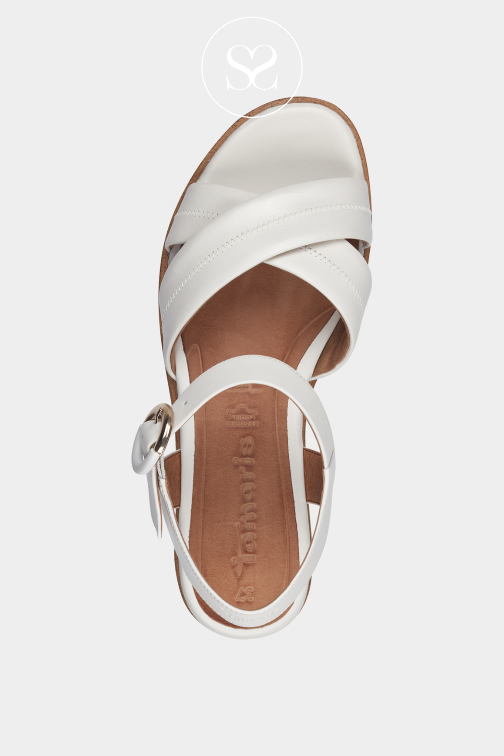 TAMARIS 1-28202-42 WHITE LEATHER WEDGE SANDAL WITH CRISS CROSS STRAPS AND ADJUSTABLE ANKLE STRAP