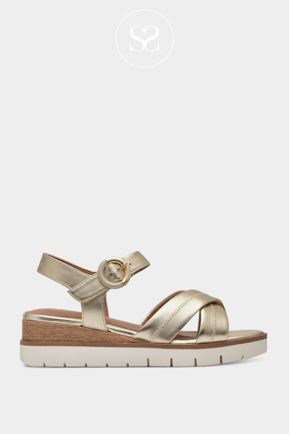 TAMARIS 1-28202-42 GOLD LEATHER WEDGE SANDALS WITH CRISS CROSS STRAPS AND ADJUSTABLE ANKLE STRAP