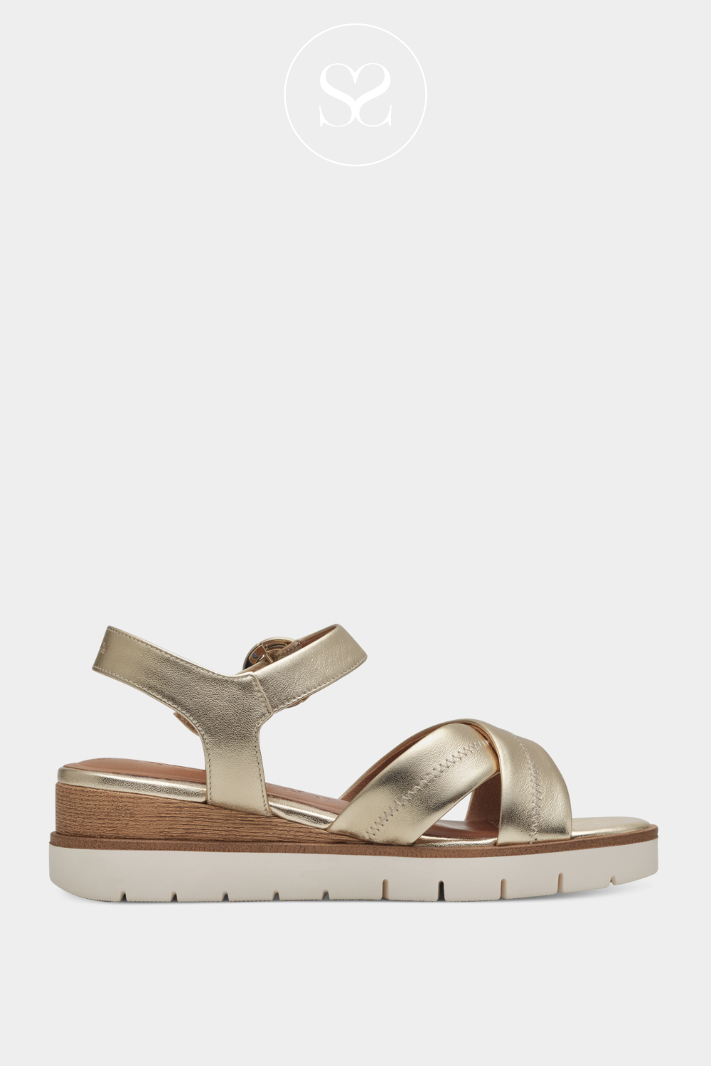 TAMARIS 1-28202-42 GOLD LEATHER WEDGE SANDALS WITH CRISS CROSS STRAPS AND ADJUSTABLE ANKLE STRAP