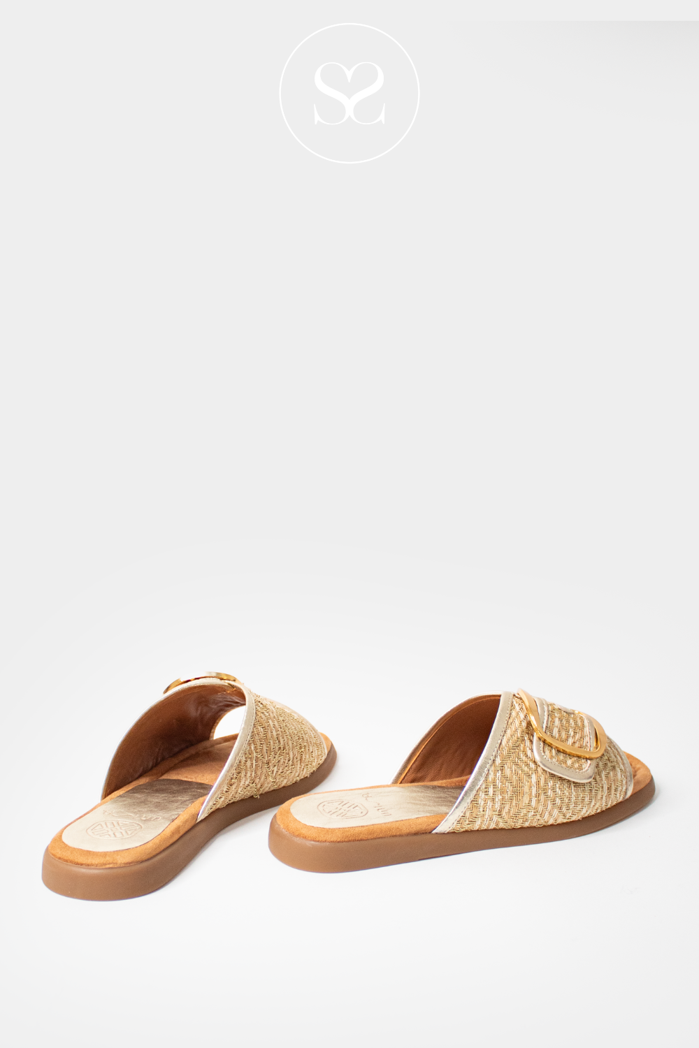 UNISA CRAY GOLD WOVEN FABRIC SLIDERS WITH GOLD STATEMENT BUCKLE DETAIL