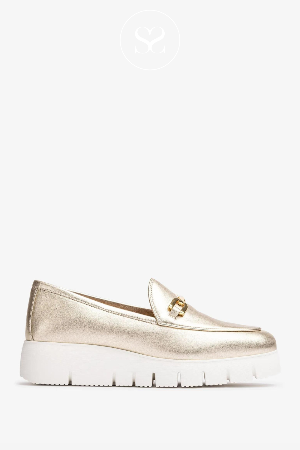 UNISA FAMO GOLD LEATHER WEDGE LOAFER WITH GOLD BUCKLE DETAIL