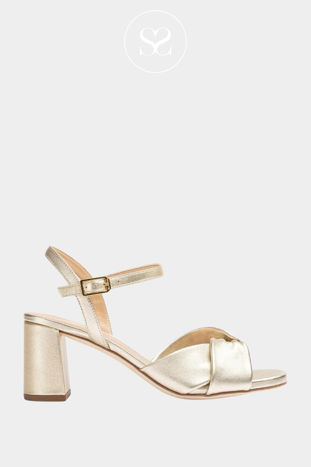 UNISA MEDWAY GOLD LEATHER BLOCK HEEL SANDALS WITH ADJUSTABLE ANKLE STRAP AND CRISS CROSS STRAP ACROSS TOES