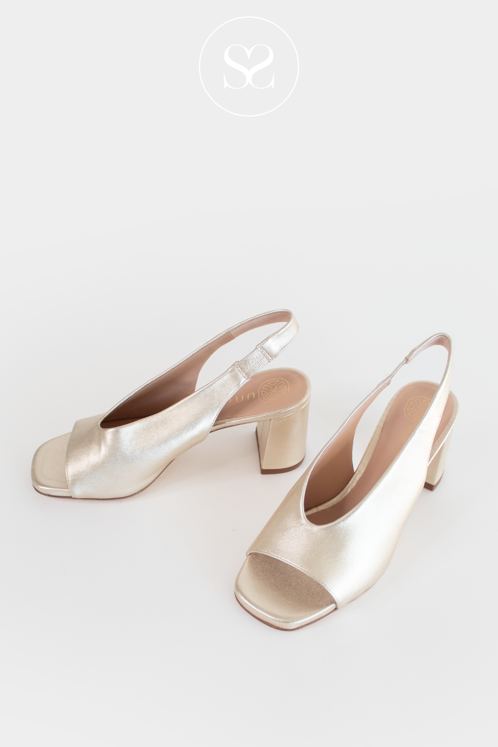 UNISA MONDY GOLD LEATHER SQUARE TOE SLINGBACK SANDALS WITH BLOCK HEEL