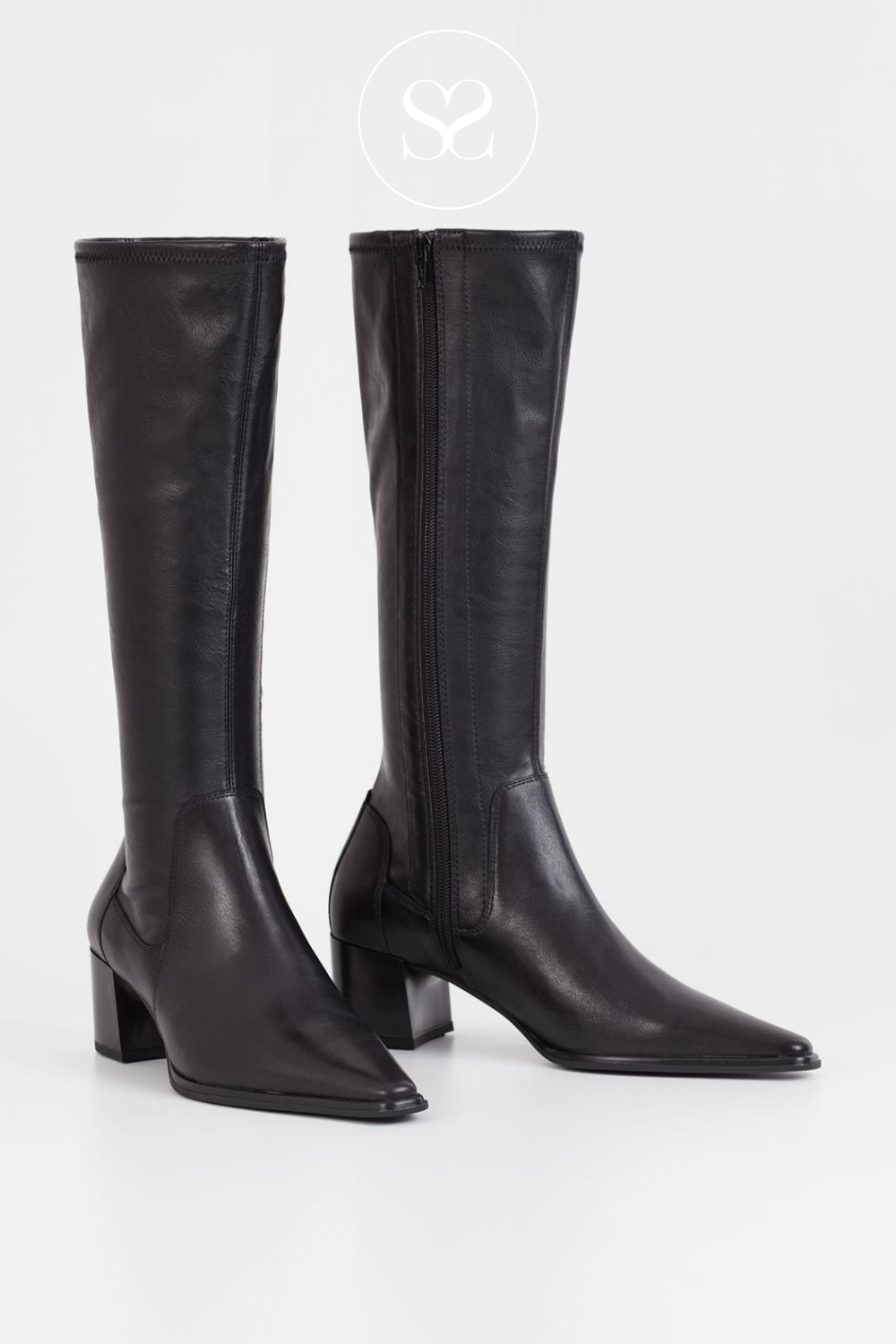 VAGABOND GISELLE 5754-002 BLACK LEATHER POINTED TOE KNEE HIGH SOCK BOOTS WITH INSIDE ZIP.