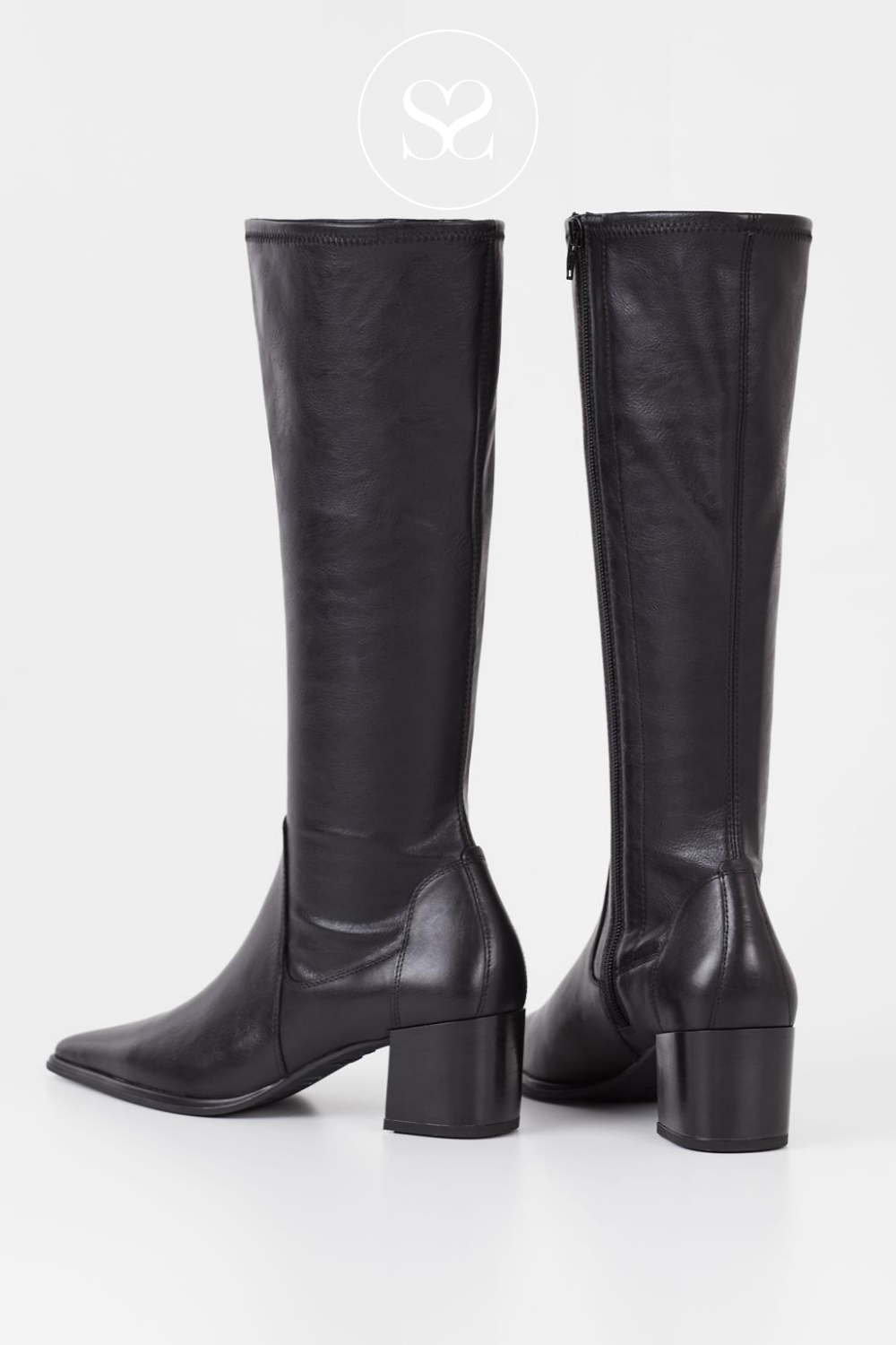 VAGABOND GISELLE 5754-002 BLACK LEATHER POINTED TOE KNEE HIGH SOCK BOOTS WITH INSIDE ZIP.