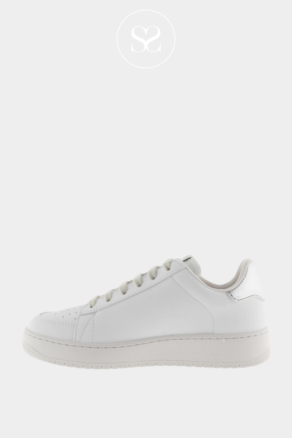 VICTORIA 1-258202 WHITE FLATFORM TRAINERS WITH SILVER V TO THE SIDE, LACES AND AIR HOLES ON THE TOE