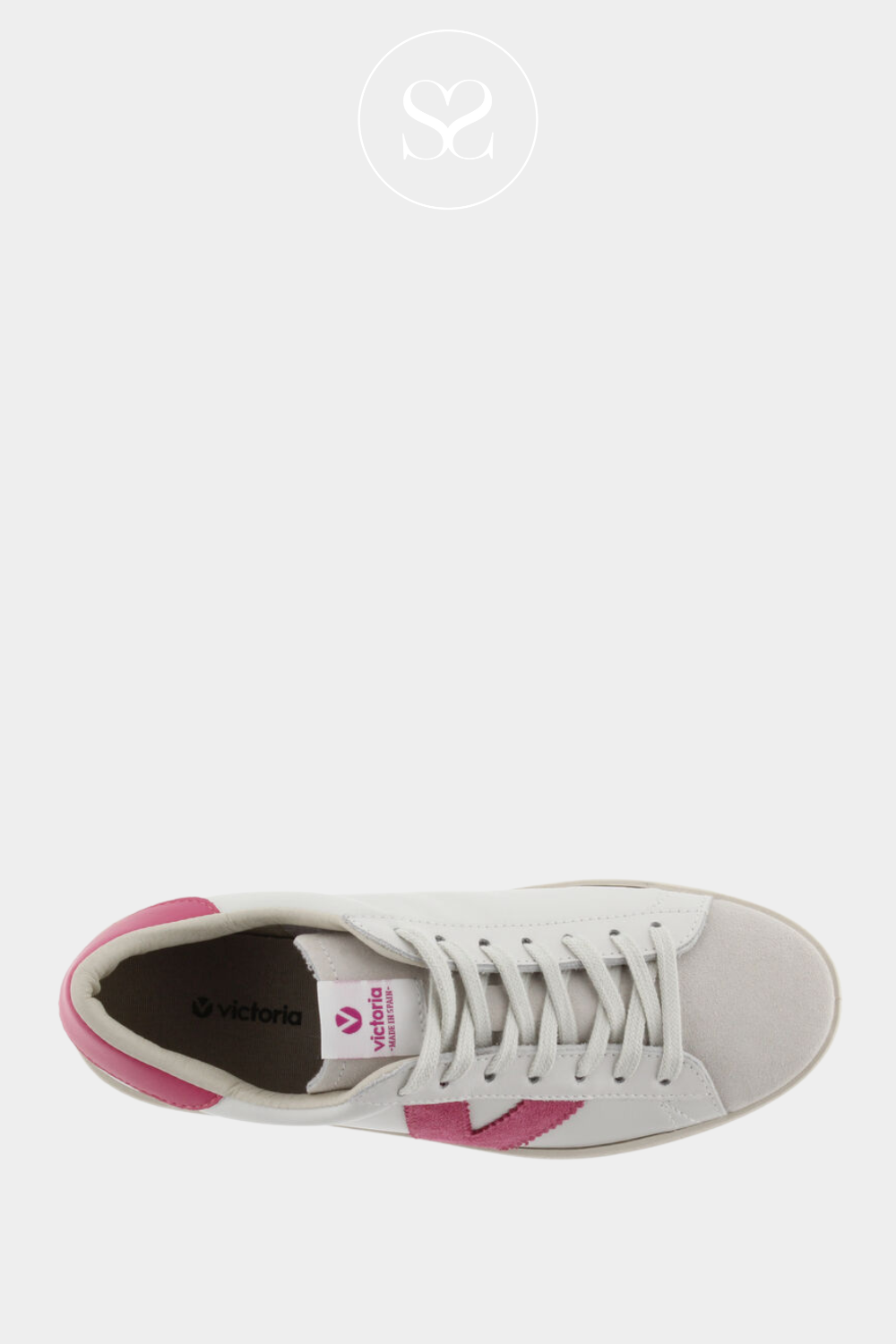 VICTORIA 126142 WHITE FLAT LACED TRAINER WITH SUEDE TOE AND PINK V ON THE SIDE