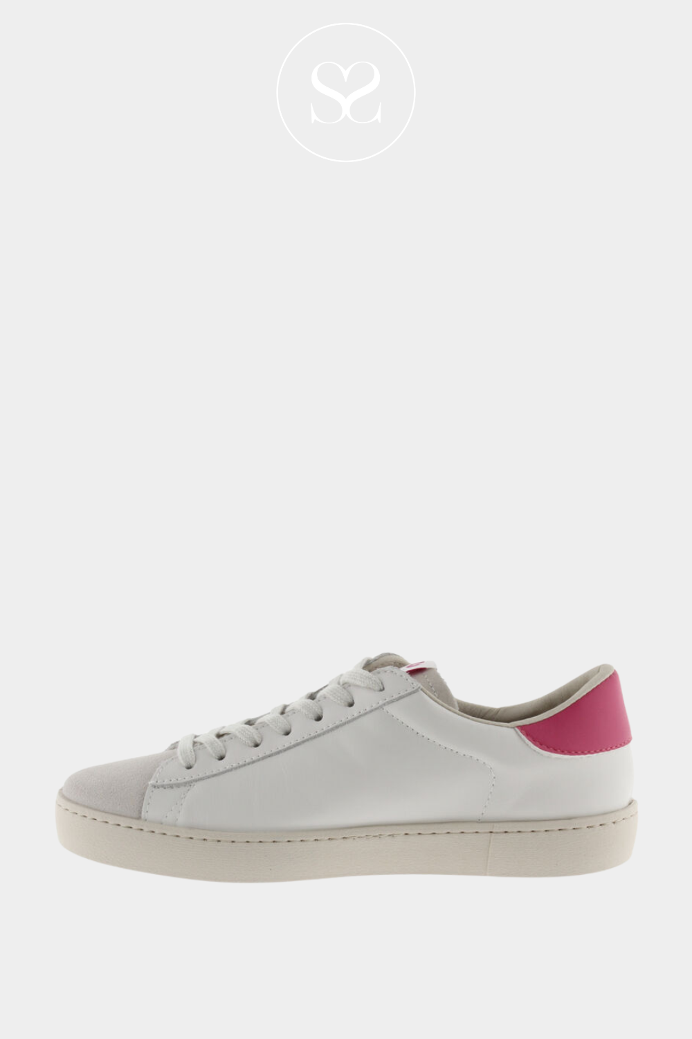 VICTORIA 126142 WHITE FLAT LACED TRAINER WITH SUEDE TOE AND PINK V ON THE SIDE