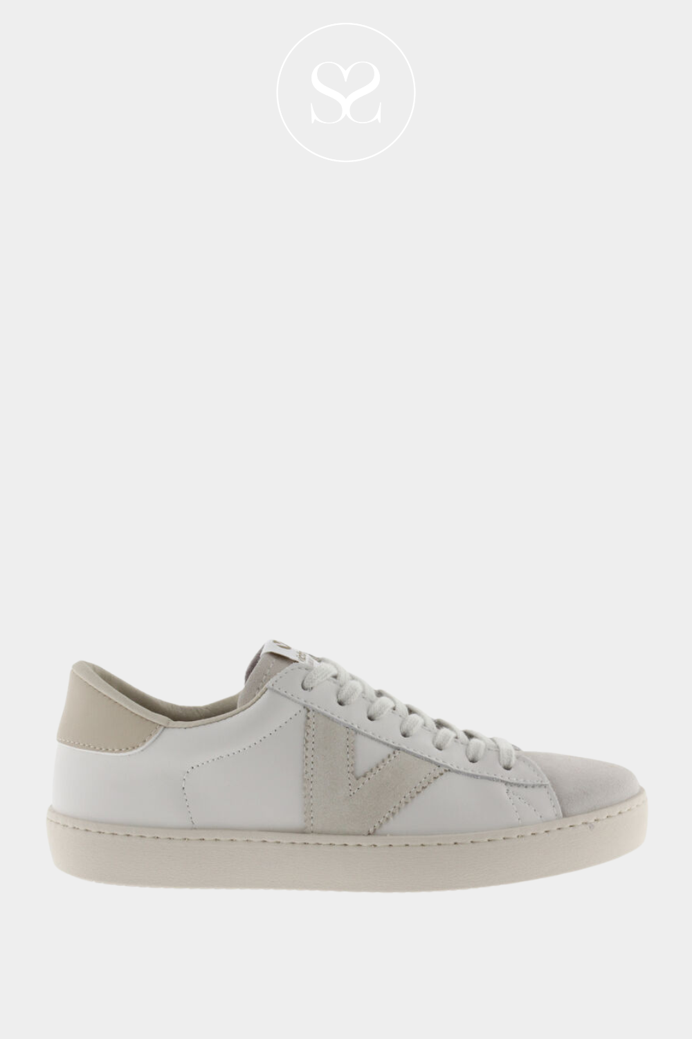 VICTORIA 1-126142 WHITE TAUPE FLAT TRAINERS WITH SUEDE TOE 