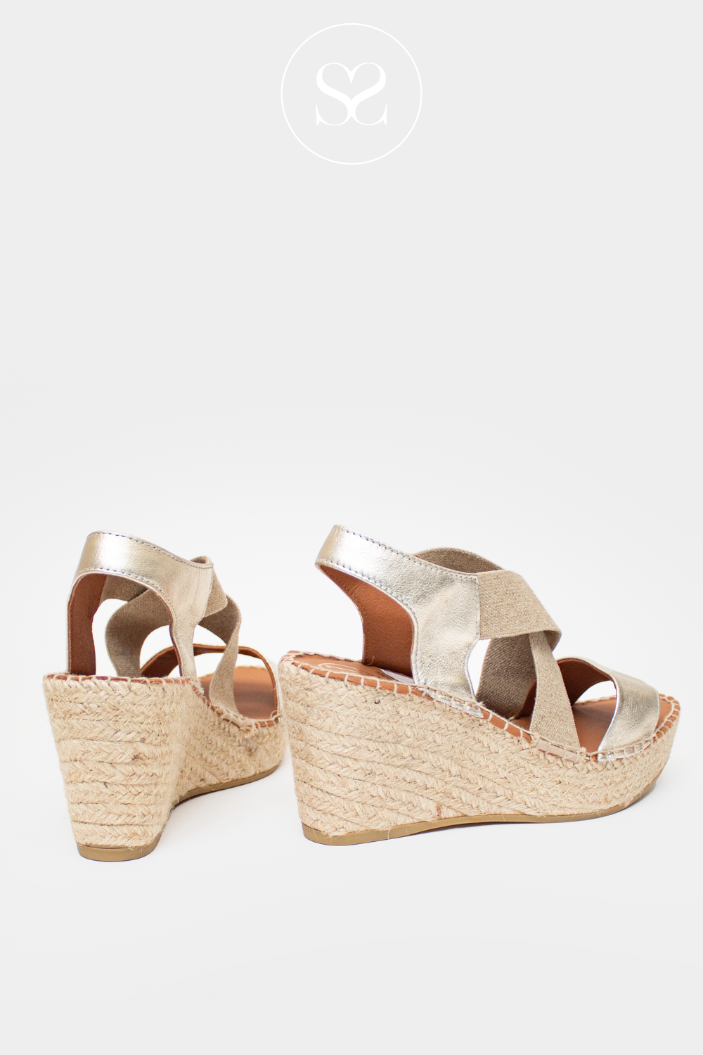 VIGUERA 1900 GOLD WEDGE ESPADRILLE SANDAL WITH ELASTICATED CROSS FRONT